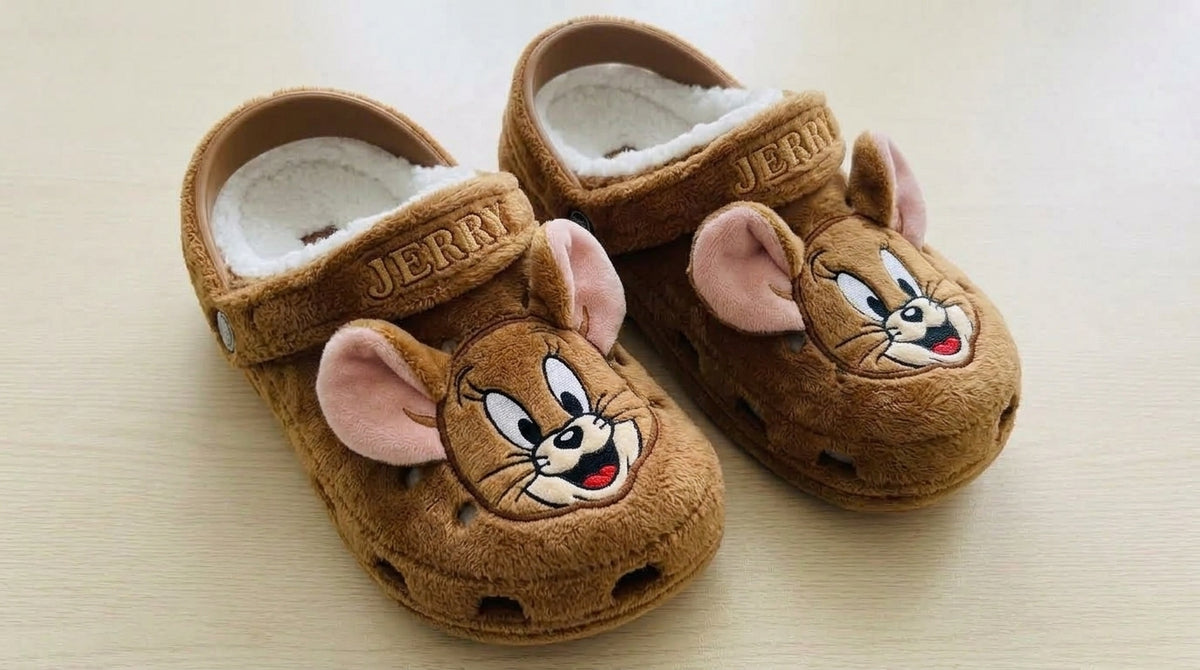 Cat & Mouse Plush Clogs - Brown