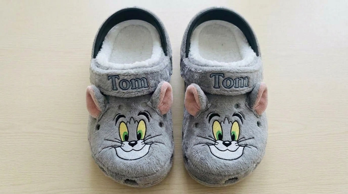 Cat & Mouse Plush Clogs - Grey